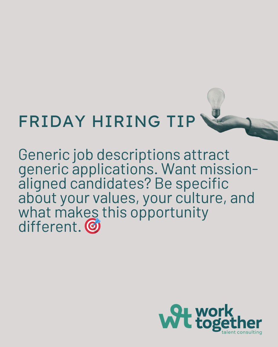 WorkTogetherTC's tweet image. Friday reflection: Job descriptions matter.✍️

Being clear about your mission, values, and what makes your work meaningful helps candidates see if they&apos;re a good fit.

Small changes, big impact!💡 

#FridayHiringTip #Hiring
