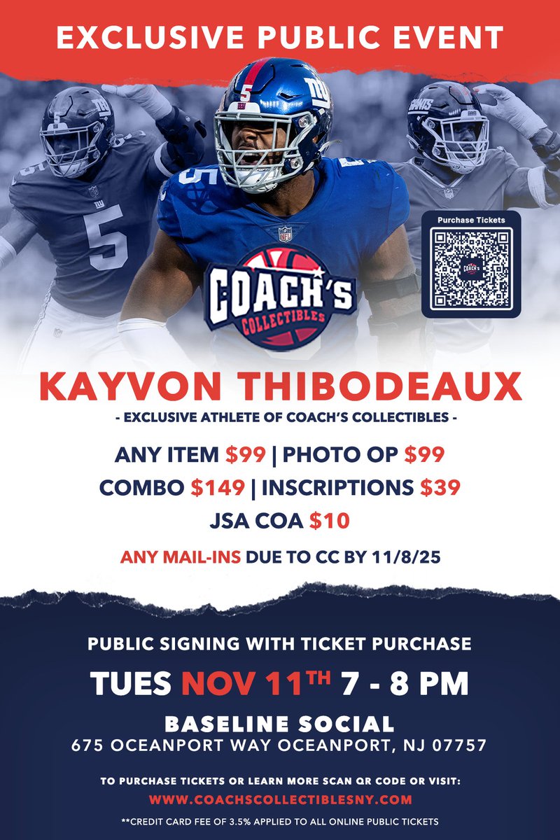 ATTENTION GIANTS FANS:
Meet <a href="/kayvont/">Kayvon Thibodeaux</a> at Baseline Social in NJ on November 11. Spend the night at this incredible restaurant &amp; bar with me &amp; #5.
Ticket Perk:
Every ticket purchased automatically enters you into a raffle for this #5 half-and-half jersey. One lucky fan will own this