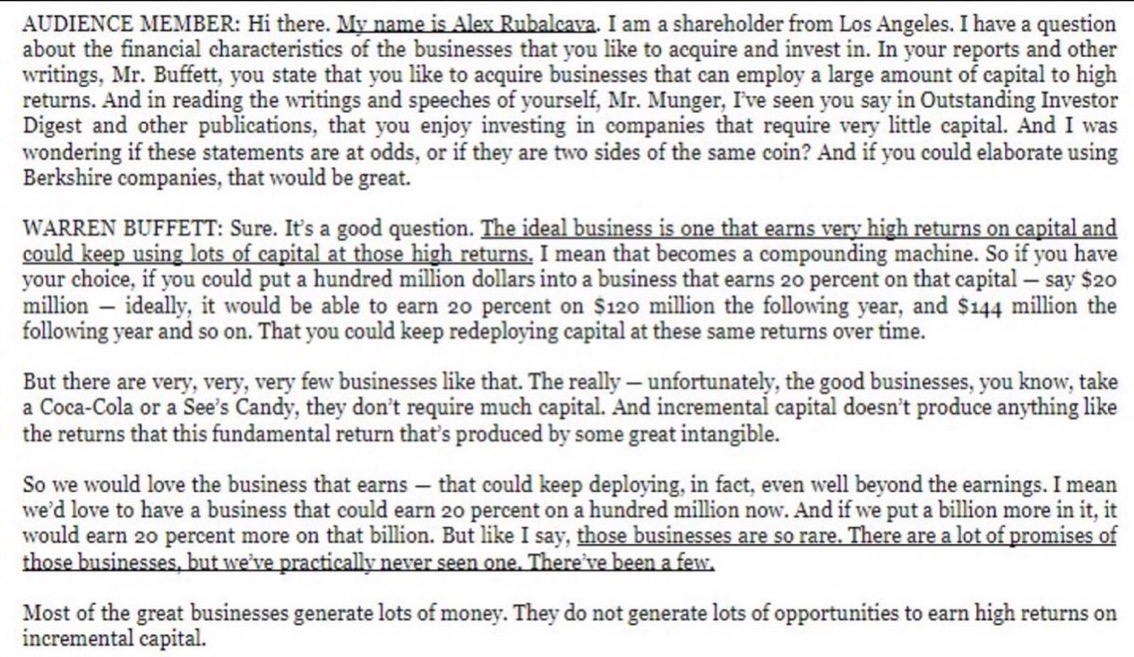 F_Compounders's tweet image. Buffett talks about return on incremental invested capital 
Source:@BluegrassCap