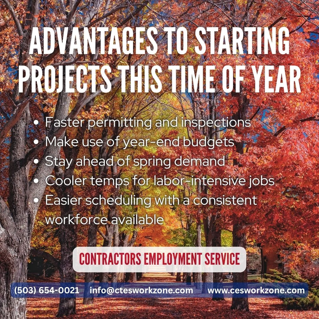 ces_workzone's tweet image. Colder months don’t have to slow you down. While some crews hibernate &amp;amp; take it slow, be beaver-strong, laying groundwork come rain or snow!
Contact CES today. First time customers ask about our 10% discount! 🌐cesworkzone.com #FallConstruction #PDXjobs #PDXStaffing