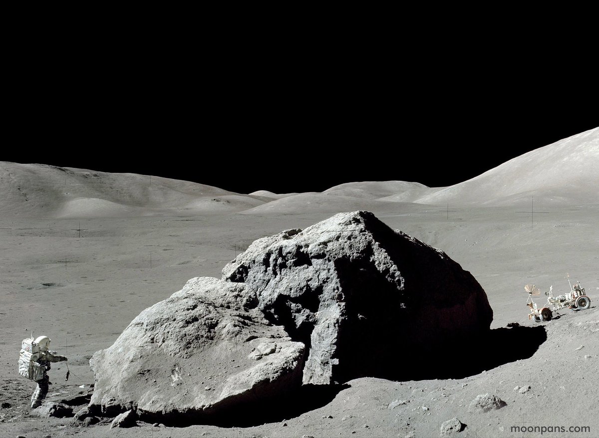 Moonpans's tweet image. Apollo 17 - Schmitt at Split Rock

This photo (part of a larger panorama) was captured at Station 6 on EVA-3 by Gene Cernan and shows Harrison Schmitt beside the large split boulder also known as ‘Tracy’s Rock’ (after Cernan’s daughter) in Dec 1972. Panoramic assembly by…