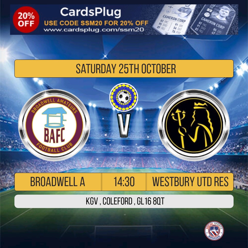 ⚽️⚽️ SATURDAY'S FIXTURES ⚽️⚽️

Only 2 games this weekend as the 1st Team have a week off.

Res v Kings FC at Home <a href="/GlosFA/">Gloucestershire FA ⚽</a> County Cup 2.00pm kick off

A Team v <a href="/WestburyUTD1907/">Westbury UTD AFC</a> Res Home Kick Off 2.30pm 

<a href="/NorthGlosLeague/">North Glos League</a>