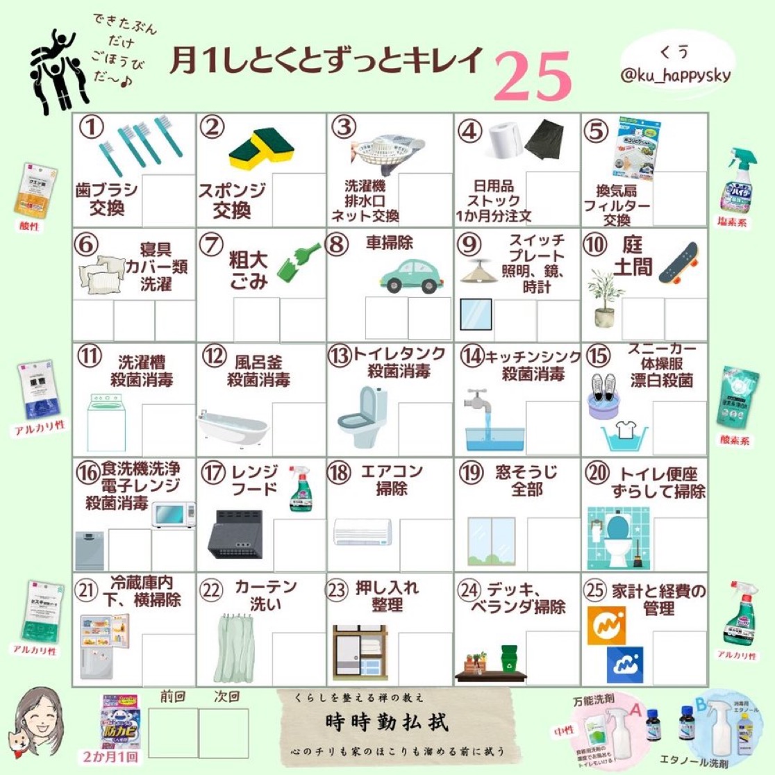 ku_happysky's tweet photo. パッと見てわかる『月イチ家事チェック表』作りました！歯ブラシやスポンジの交換から消毒作業まで忘れがちな月1家事25が目に見えるからスキマ時間で進めて右下のボックスにやった日を書き込んで。ビンゴで消せたら自分にごほうびしてね。大そうじがいらなくなる月1家事のルーティン化に効く言葉は↓ https://t.co/Y6oGsFTPrW