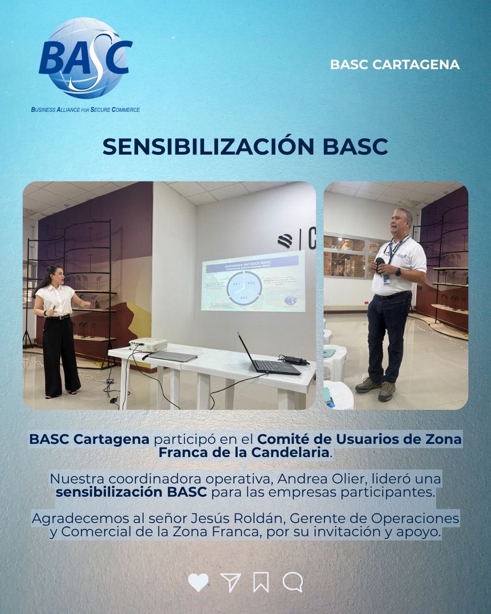 Promoviendo la cultura BASC 💙 
Participamos en el Comité de Usuarios de la Zona Franca de la Candelaria, donde realizamos una sensibilización BASC a a las empresas del sector. 🙌

<a href="/zflacandelaria/">Zona Franca La Candelaria @zflacandelaria</a>