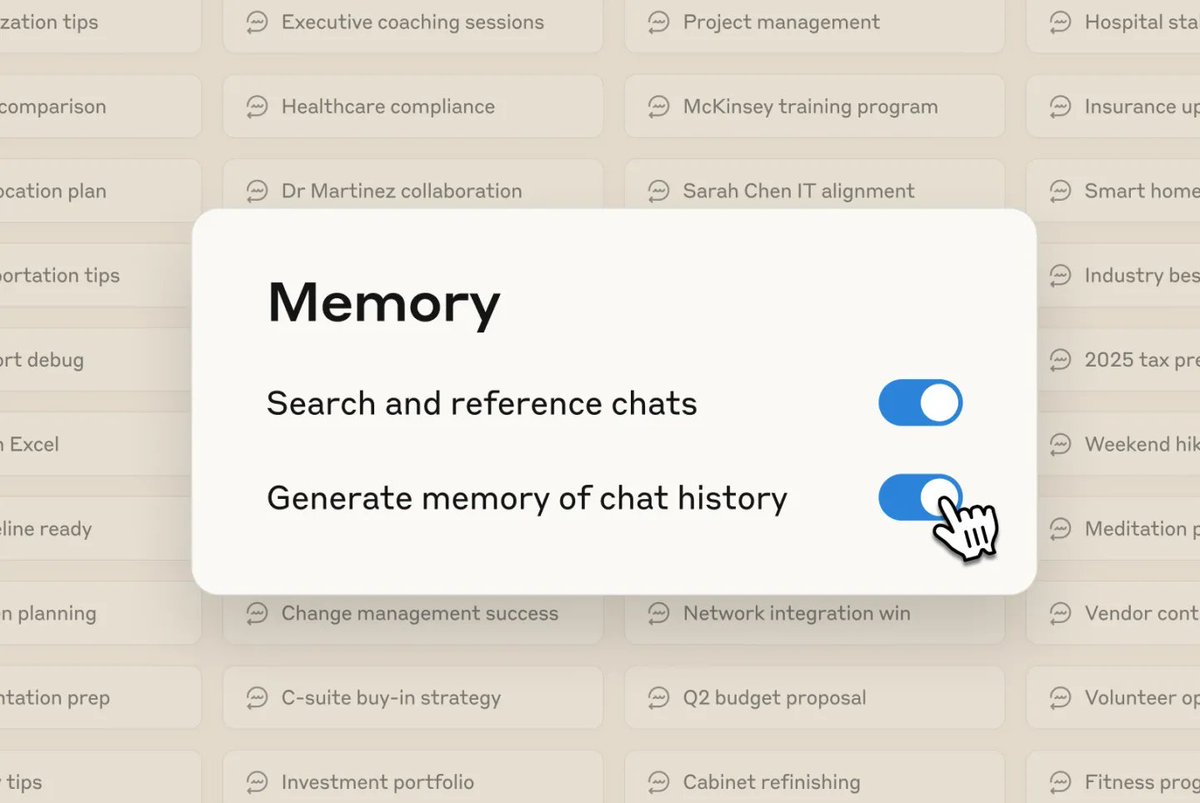 Weplash⚡️ (@weplash) on Twitter photo Claude por fin tiene memoria (de verdad).
Anthropic acaba de activar el recuerdo automático en su chatbot para usuarios Pro y Max, permitiendo que Claude recuerde tus conversaciones sin que se lo pidas.
Podrás editar, borrar o separar recuerdos por proyectos, y hasta importar Claude por fin tiene memoria (de verdad).
Anthropic acaba de activar el recuerdo automático en su chatbot para usuarios Pro y Max, permitiendo que Claude recuerde tus conversaciones sin que se lo pidas.
Podrás editar, borrar o separar recuerdos por proyectos, y hasta importar