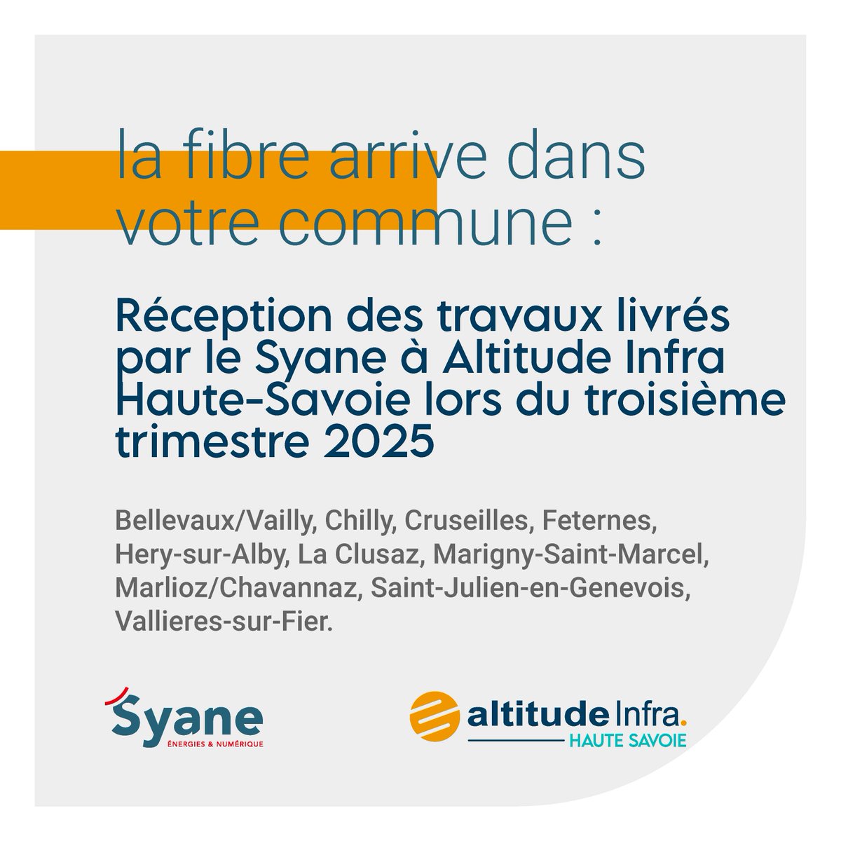 La fibre optique en Haute-Savoie, où en est-on ? 

Voici les données communiquées par le Syane et Altitude Infra en août dernier, avec les prochaines ouvertures commerciales sur le 74. 

#FibreOptique #HauteSavoie #AménagementNumérique #ServicePublic #Syane #AltitudeInfra