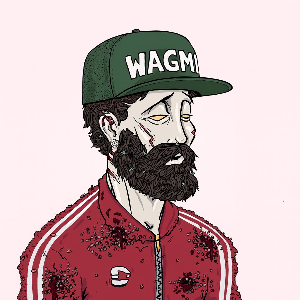 WAGMI 캡을 쓴 만화 좀비 캐릭터 — 밈 토큰의 회복력을 상징