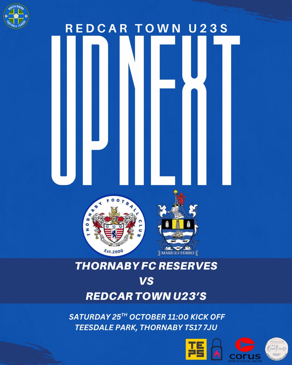 𝙐𝙋 𝙉𝙀𝙓𝙏

We make the short journey to Thornaby as we take on Thornaby FC Reserves at the earlier kick-off time of 11:00 AM.

It's back to league action after our participation in the Macmillan Bowl last week.