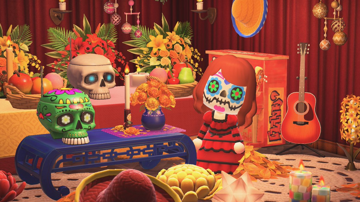 animalcrossing's tweet photo. Hello, everyone! If you want to get in the spirit for Day of the Dead, check out Nook Shopping for a beautiful marigold decoration. Marigold flowers are used in traditional Day of the Dead celebrations, and you can pick them up now—the holiday is observed November 1st and 2nd. https://t.co/Z0HATUuaPe
