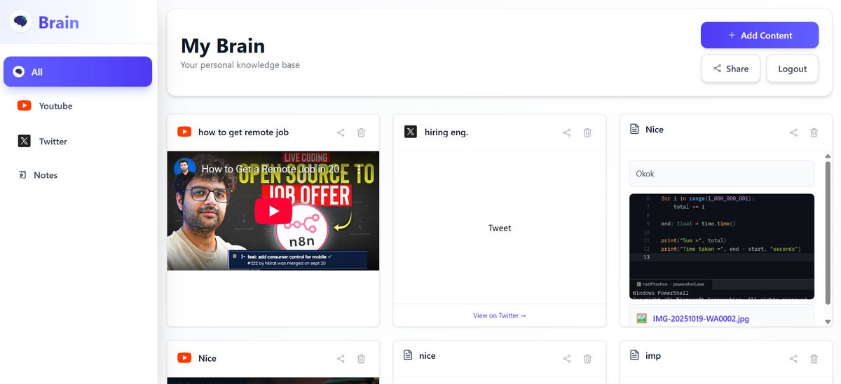 Sharath__D's tweet image. I revisited my first MERN project and turned it into a complete production-ready app
A Brain app to save, organize, and share videos, tweets, notes, and files in the cloud.
check it out here: brainers.devadigascode.site
#MERNStack #WebDevelopment #100xDevs 
@kirat_tw