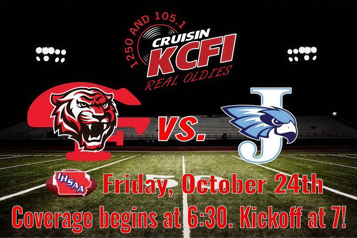 Join <a href="/cael_loecher/">cael loecher</a> and I tonight for the regular season finale of <a href="/CFHSGoTigers/">CFHS Athletics and Activities</a> football! Coverage starts at 6:30 on <a href="/Cruisin1250/">Cruisin' 1250 KCFI</a> #iahsfb 

A Tiger win gives them a shot at a home playoff gm on Halloween. CR Jeff brings an offense into town that put up 48 last wk. Don't miss out!