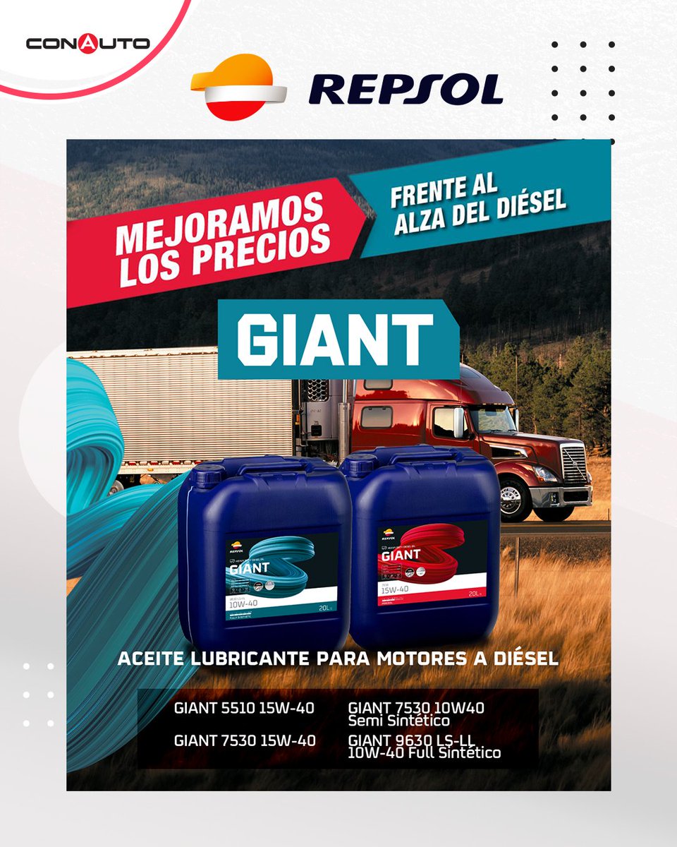 ConautoEC's tweet image. Sabemos que el camino no siempre es fácil.
Mientras el diésel sube, en CONAUTO bajamos los precios del lubricante Repsol Giant 💪
Porque tu esfuerzo merece avanzar, no detenerse.

#RepsolGiant #CONAUTO #JuntosAvanzamos