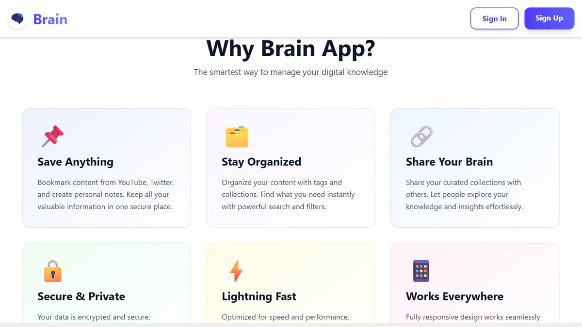 Sharath__D's tweet image. I revisited my first MERN project and turned it into a complete production-ready app
A Brain app to save, organize, and share videos, tweets, notes, and files in the cloud.
check it out here: brainers.devadigascode.site
#MERNStack #WebDevelopment #100xDevs 
@kirat_tw