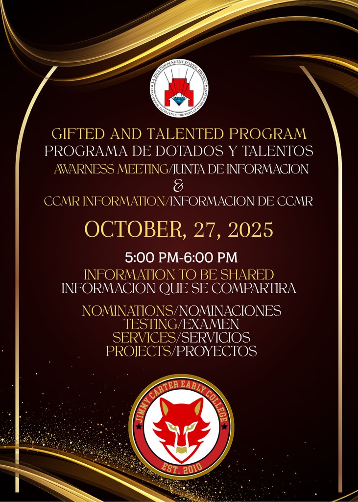 JCECHSRedWolves's tweet image. Jimmy Carter Early College High School invites all parents to join us for our Gifted and Talented Program Awareness Meeting and CCMR Information Session!