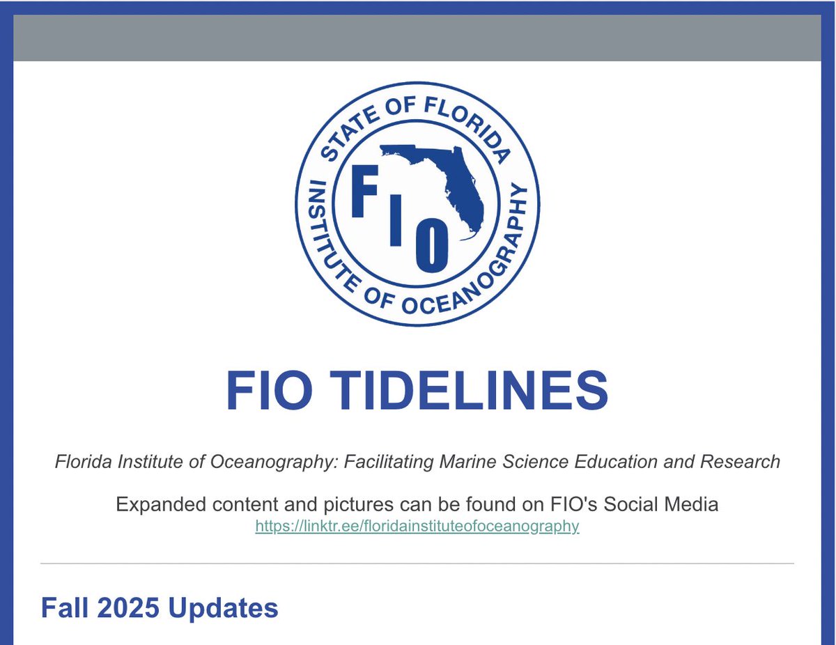 Florida Institute of Oceanography (FIO) (@fio_stpete) on Twitter photo The new FIO Tidelines Newsletter is live! Discover important updates, event highlights, and what’s on the horizon for our ocean science community 🌊
Click on the link to read more! conta.cc/47rdUEQ The new FIO Tidelines Newsletter is live! Discover important updates, event highlights, and what’s on the horizon for our ocean science community 🌊
Click on the link to read more! conta.cc/47rdUEQ
