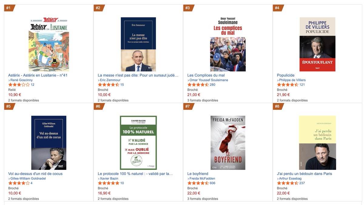 thierrylafonZ's tweet photo. Asterix, @ZemmourEric , @PhdeVilliers et @GWGoldnadel dans le quinté des meilleures ventes du moment... en théorie, la France est à droite il semble! https://t.co/WoUkAj33wD