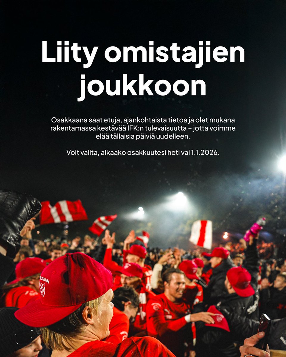 Osakkaana olet mukana rakentamassa IFK:n tulevaisuutta – seuraa, joka on aina ollut enemmän kuin vain jalkapallojoukkue.

Voit valita, alkaako osakkuutesi heti vai 1.1.2026.

Liity omistajien joukkoon: yhteiso.hifkfotboll.fi