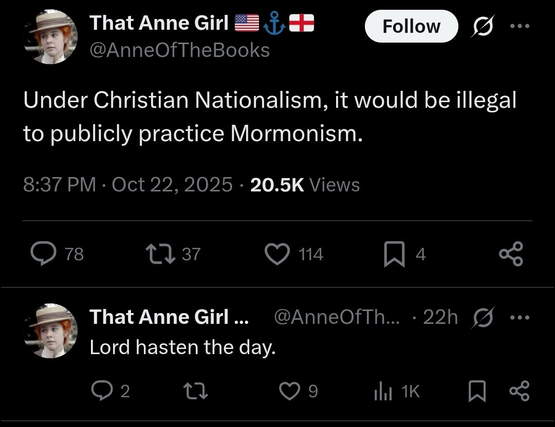 plasmarob's tweet image. mormonism is like, THE American religion

it was started here and obsesses over the US Constitution being divinely inspired and considers the founding fathers led by God.

Which makes anti-First Amendment statements like this quite odd, no?