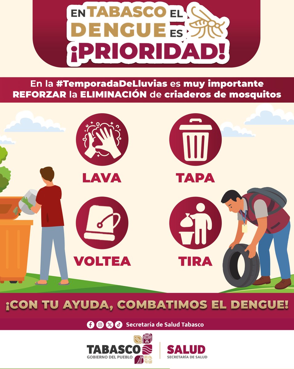 #Tabasco: ¡COMBATE EL DENGUE! 
En #TemporadaDeLluvias refuerza en casa la eliminación de criaderos:
➡️ LAVA recipientes
➡️ TAPA depósitos de agua
➡️ VOLTEA objetos
➡️ TIRA cacharros

📍 Tu acción en casa salva vidas
