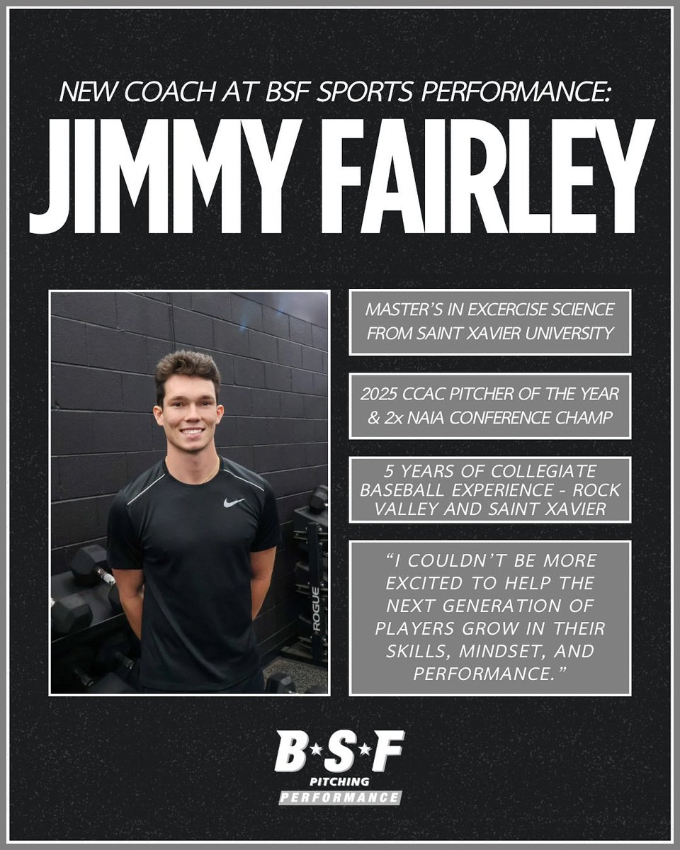 Excited to welcome <a href="/jf1150/">Jimmy Fairley</a> to the BSF Staff! 

Coach Jimmy has five years of college baseball experience and a master’s degree in Exercise Science from Saint Xavier University.

Big addition to the staff!