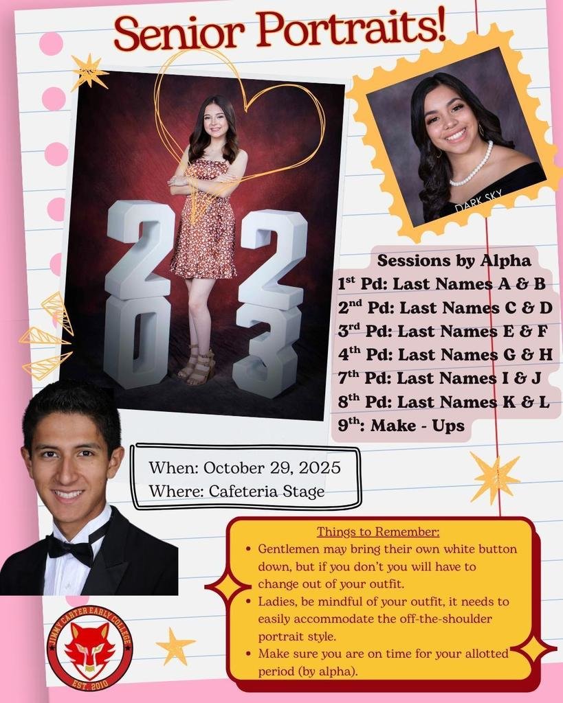 JCECHSRedWolves's tweet image. 📸 Senior Portraits are next week! Portraits will be taken on Tuesday, Oct. 29, and Wednesday, Oct. 30.  ‼️ See attached flyers for full details