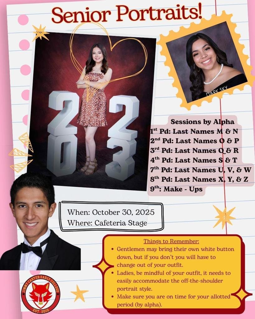 JCECHSRedWolves's tweet image. 📸 Senior Portraits are next week! Portraits will be taken on Tuesday, Oct. 29, and Wednesday, Oct. 30.  ‼️ See attached flyers for full details