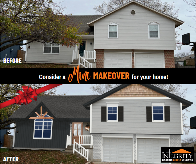 IntegrityRoofKC's tweet photo. Only 62 days until Christmas! What better gift than a mini home makeover? 

Rotten siding under your gable? Replace it—and consider adding shakes for a cozy, cottage-inspired touch.

Want to see how siding could transform your home? Call us for a free 3-D makeover - 816.554.9999 https://t.co/RVRJKhtPyO