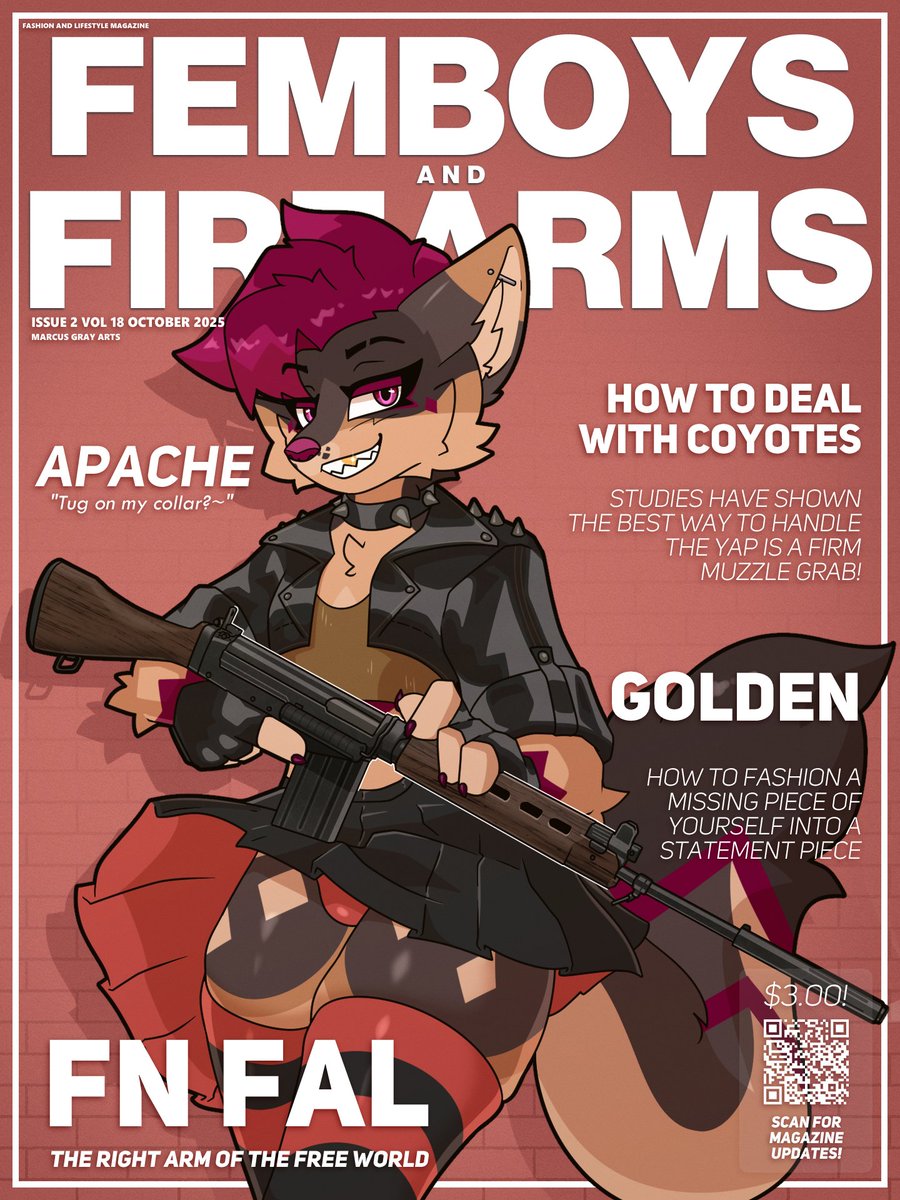 Latest edition of Femboys &amp; Firearms featuring this sassy yote ❤️💅
We love the FAL in this household &gt;:3
Thanks to the wonderful <a href="/MarcusGrayArts/">Marcus 🇵🇭</a> for this super rad commission! ❤️❤️❤️
