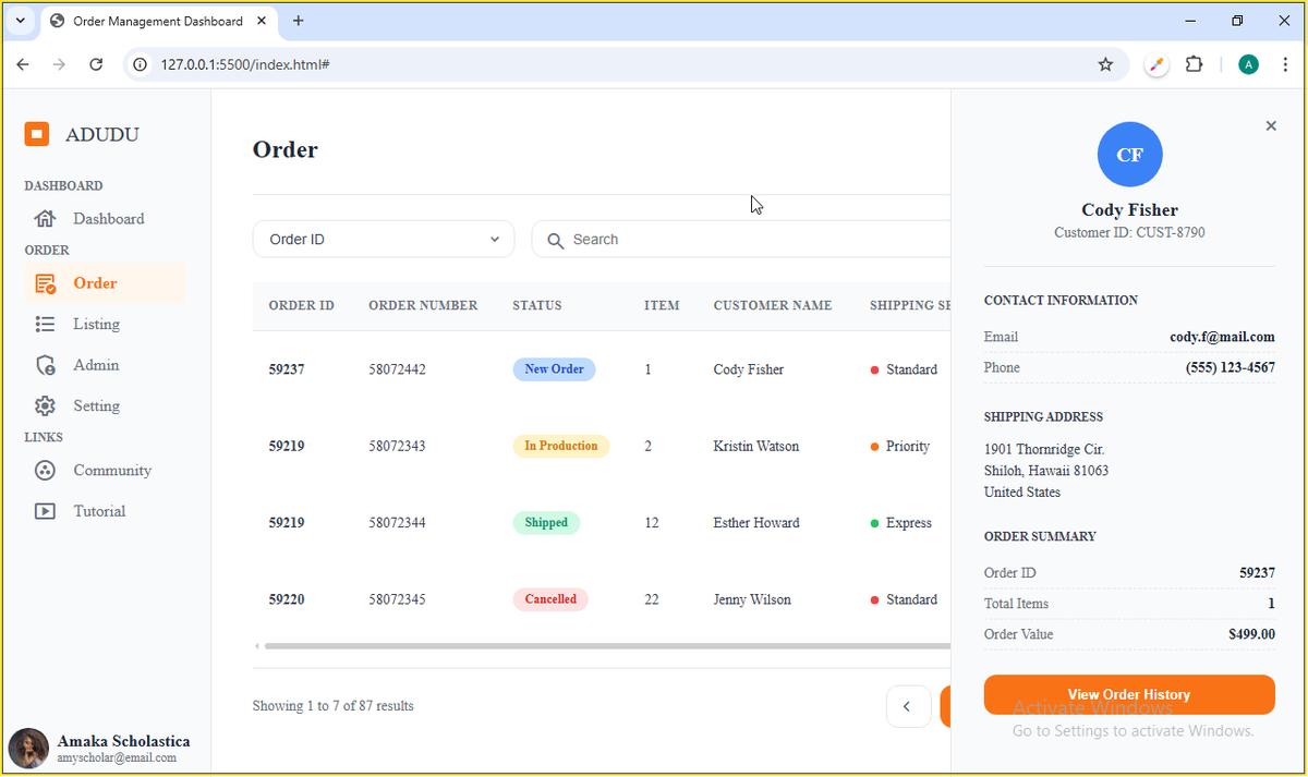 perpetualschola's tweet image. PROJECT 3 OF 10 COMPLETE ✅ 

Successfully implemented a full responsive order management dashboard. Although there's some magic I wish I could pull off, but I guess that's where JavaScript comes in. 

#buildinpublic #DashboardDesign #eCommerce #Frontend #UIUX #CSS