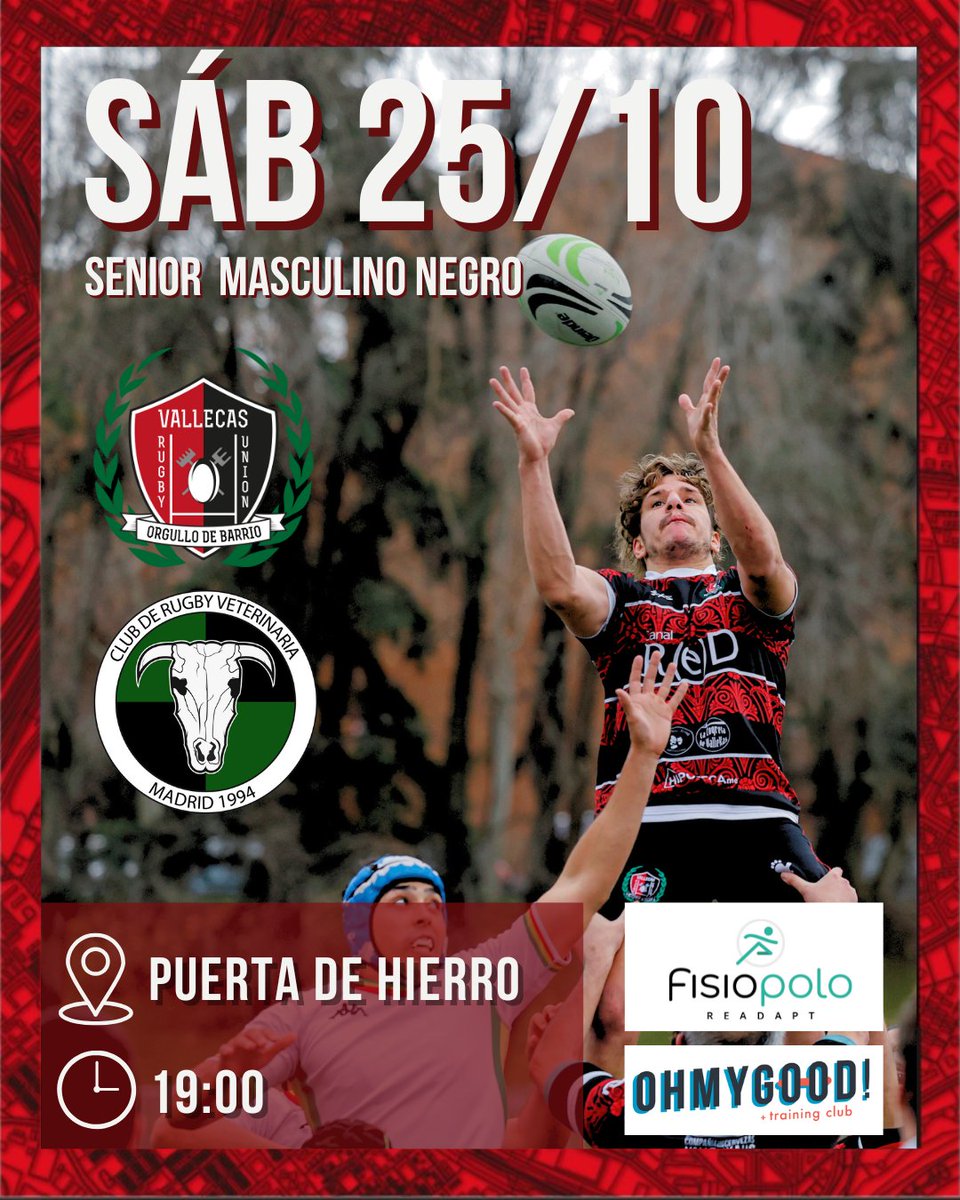 VallecasRU's tweet photo. 🏉 Convocatoria Masculino Negro 🖤

¡Nuestros chicos están listos para otro partidazo de rugby ante Club de Rugby Veterinaria! 💪🔥

🏟️ Puerta de Hierro | 🕘 19:00

¡Estais invitados para venir a animar! 🙌❤️🖤

#123VALLEKAS #RugbyVallekas https://t.co/AWYjKm9XDy