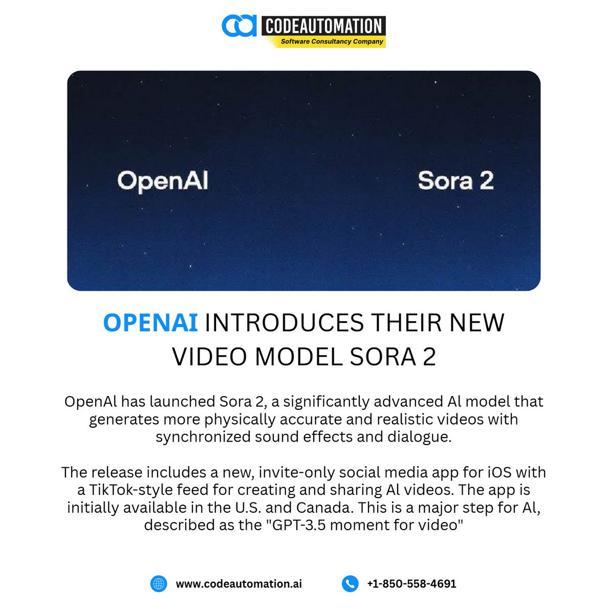 CodeAutomation's tweet image. Day 18 @CodeAutomationAI: OpenAI’s Sora 2 + invite-only iOS app redefines AI video creation. Part of our AI journey! #AItech #VideoAI