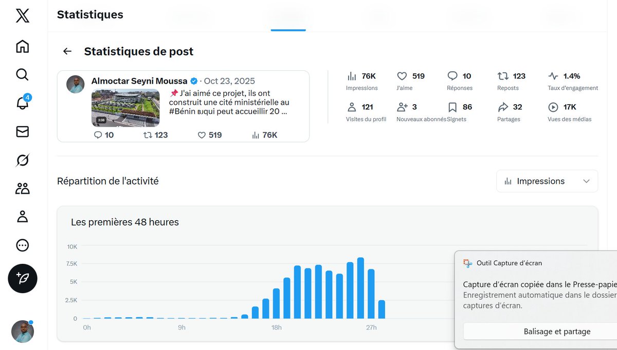 Je viens de checker les stats de mon tweet sur la cité ministérielle du Bénin, à cette allure je peux espérer un jour bénéficier du "Partage des revenus des créateurs" de #Twitter que Elun donne😂🤣

PS: Pour l'avoir il faut 3 millions d'impressions en 3 mois sur ton compte.