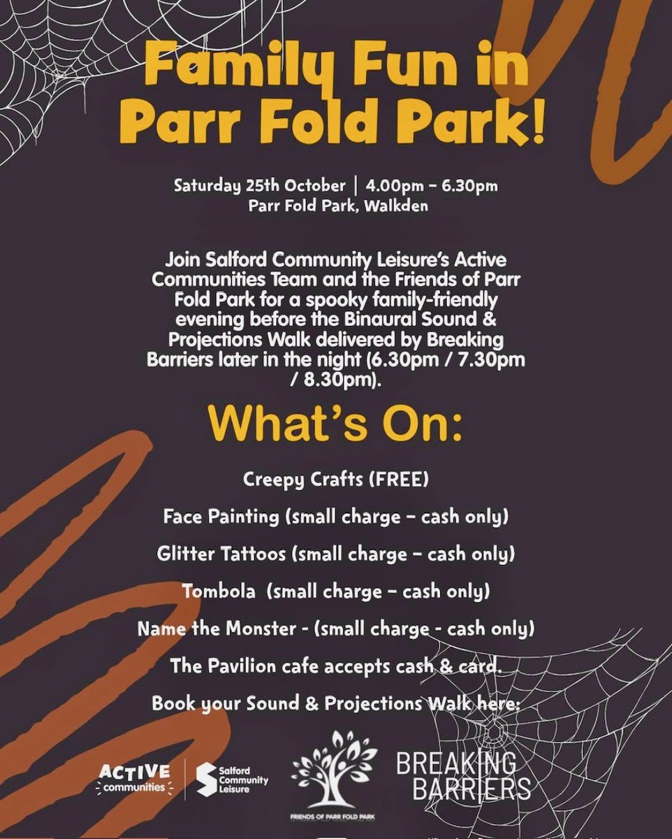 🎃Family Fun in Parr Fold Park: TODAY! 🎃

📍The Pavilion at Parr Fold Park
⏰ 4:00PM - 6:30PM

<a href="/SalfordLeisure/">Salford Community Leisure (SCL)</a>'s Active Communities Team and ourselves have organised a spooky family friendly evening this afternoon (see poster).🎃

#m28 #salford #parrfoldpark #halloween #walkden