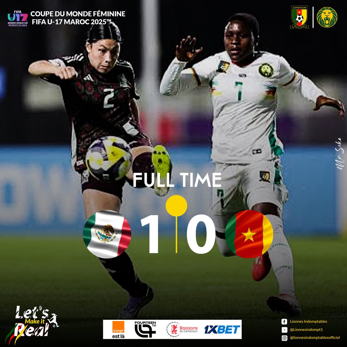 ⚽🔥 #MATCHDAY

⏳ Fin du match 

Mexique 🇲🇽 1️⃣➖0️⃣ 🇨🇲 Cameroun

🗓️ 24 octobre 2025
🏟️ Stade Mohammed VI (Terrain 2)
📍 Rabat – Maroc

𝐋𝐄𝐓’𝐒 𝐌𝐀𝐊𝐄 𝐈𝐓 𝐑𝐄𝐀𝐋! 

#LETSMAKEITREAL #U17FIFAWWC2025 #GOLIONESS #ALLEZLESLIONNES #LETSROARTOGETHER