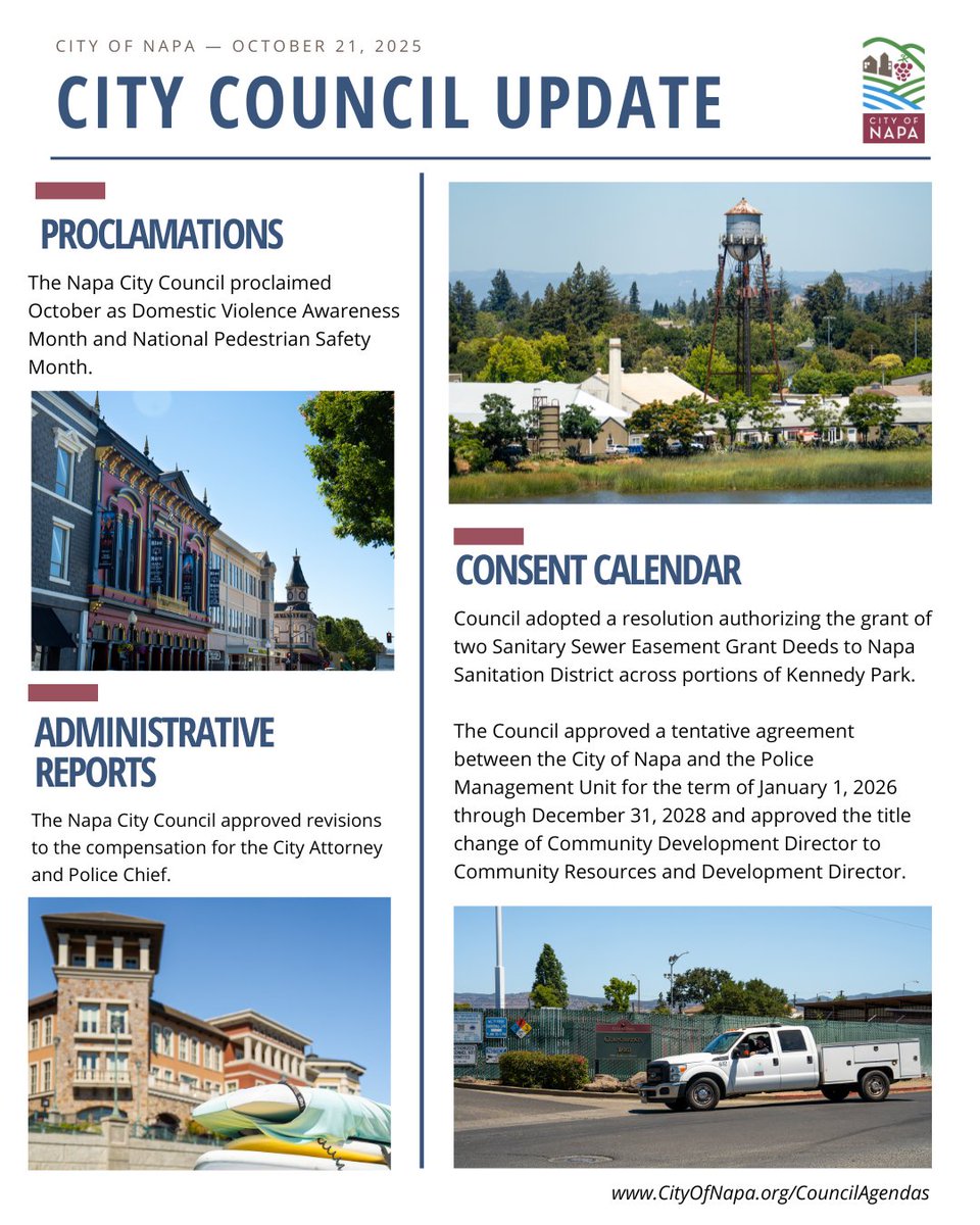 [para español👇] 📢⭐ City Council Community Update! ⭐

Check out the following updates from the October 21 City Council meeting.
 
📈 Administrative Reports: The Napa City Council approved revisions to the compensation for the City Attorney and Police Chief. 

🗣️ Proclamations: