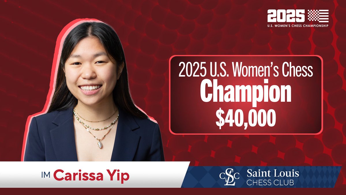 STLChessClub's tweet image. Huge congratulations to Carissa Yip on winning the US Chess Championship and a truly inspiring finish to the tournament! 🏆 After a challenging start, Carissa finished the U.S. Women’s Championship in brilliant style, scoring 6.5/7 in the final rounds and ending with 8/11! 💪…