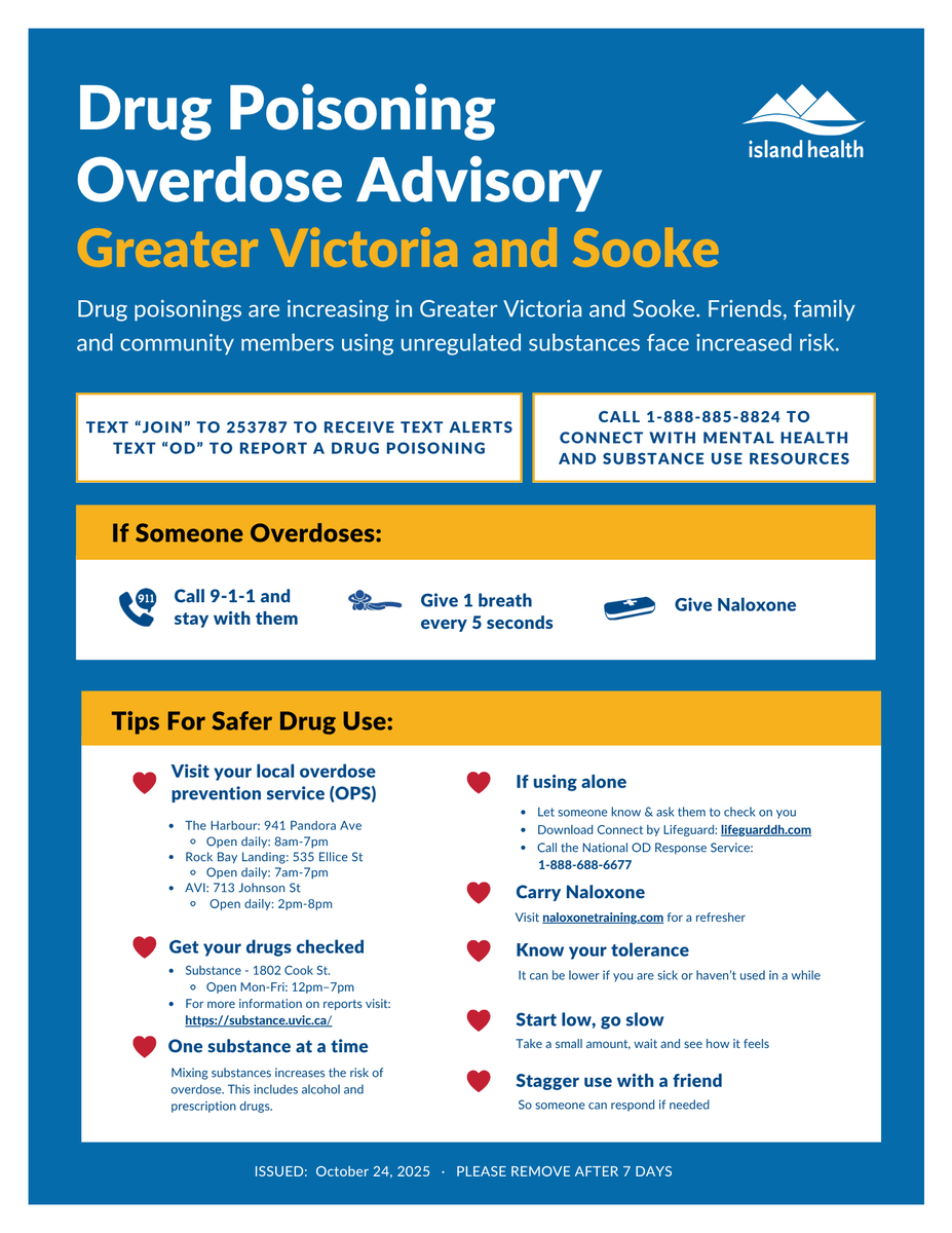 VanIslandHealth's tweet photo. PLEASE SHARE: #Victoria Overdose Advisory   There are options for safer use: Find information on supervised consumption sites, drug-checking services &amp; more: https://t.co/yU4NJa3Aql https://t.co/q7fXy8NC22