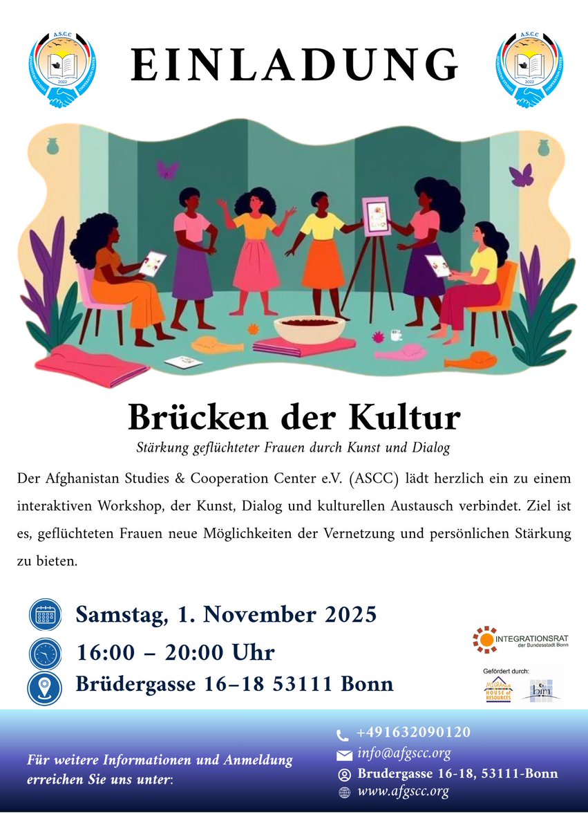 AsccInfo's tweet photo. 🌍 Bridges of Culture — Empowering Refugee Women through Art &amp; Dialogue 🎨💬

Join ASCC on Nov 1, 2025 (16:00–18:00) at MIGRApolis, Bonn, for an inspiring space where refugee women connect, learn &amp; express through art and conversation.

#ASCC #BridgesOfCulture #WomenEmpowerment https://t.co/oGRDxLxQL6