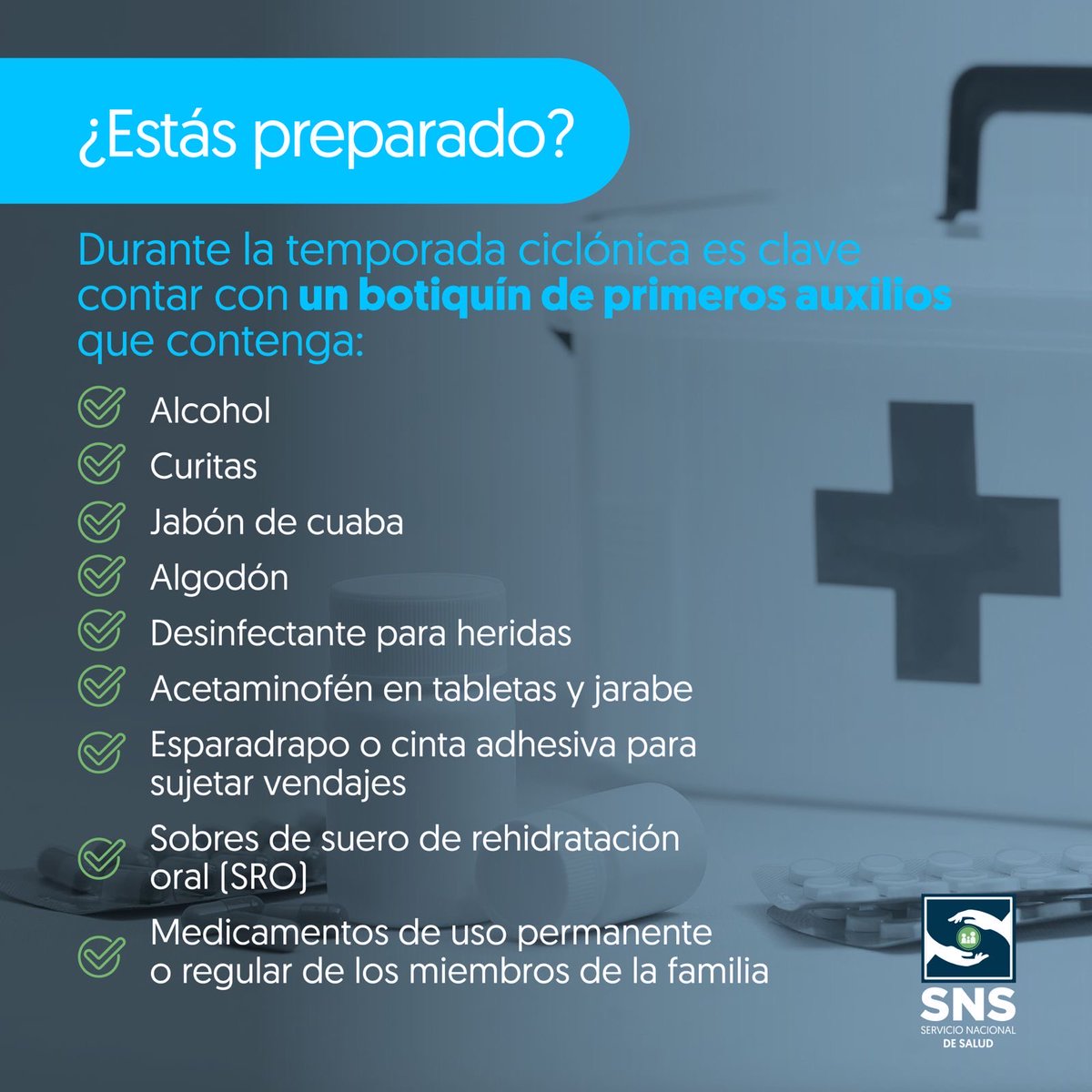 ¿Ya tienes tu botiquín? 👀

👉 Es importante tener en casa un botiquín de primeros auxilios y que hables con tus hijos de cómo actuar en caso de la llegada de un fenómeno natural.

#SNSRD #TemporadaCiclónica2025 #ConsejosSNS