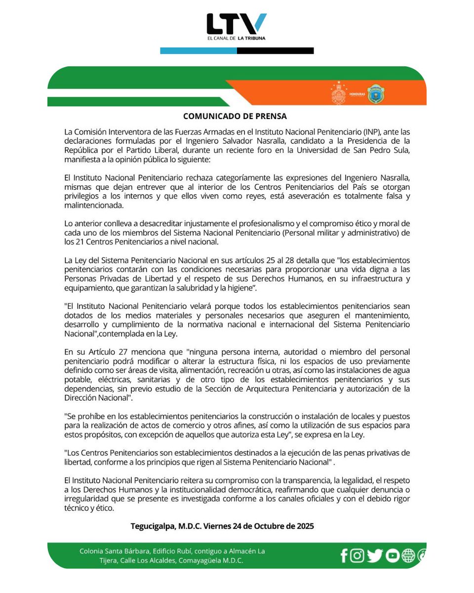 🚨 INP rechaza declaraciones de Salvador Nasralla sobre supuestos privilegios en cárceles.
📣 “Totalmente falsas y malintencionadas”, respondió el Instituto, que reiteró su compromiso con la transparencia y el respeto a los derechos humanos.

#ltvhn #nacionaleshn #noticiashn
