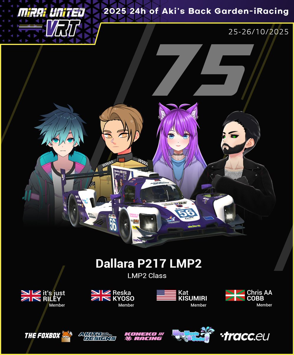 💫🏁 24 Hours of Aki's Back Garden (round 2)

Two teams, two cars, nine VTubers, one race. 
Bring it on, Le Mans!

#IntoMirai #UnitedWeRace #VTuber #Simracing