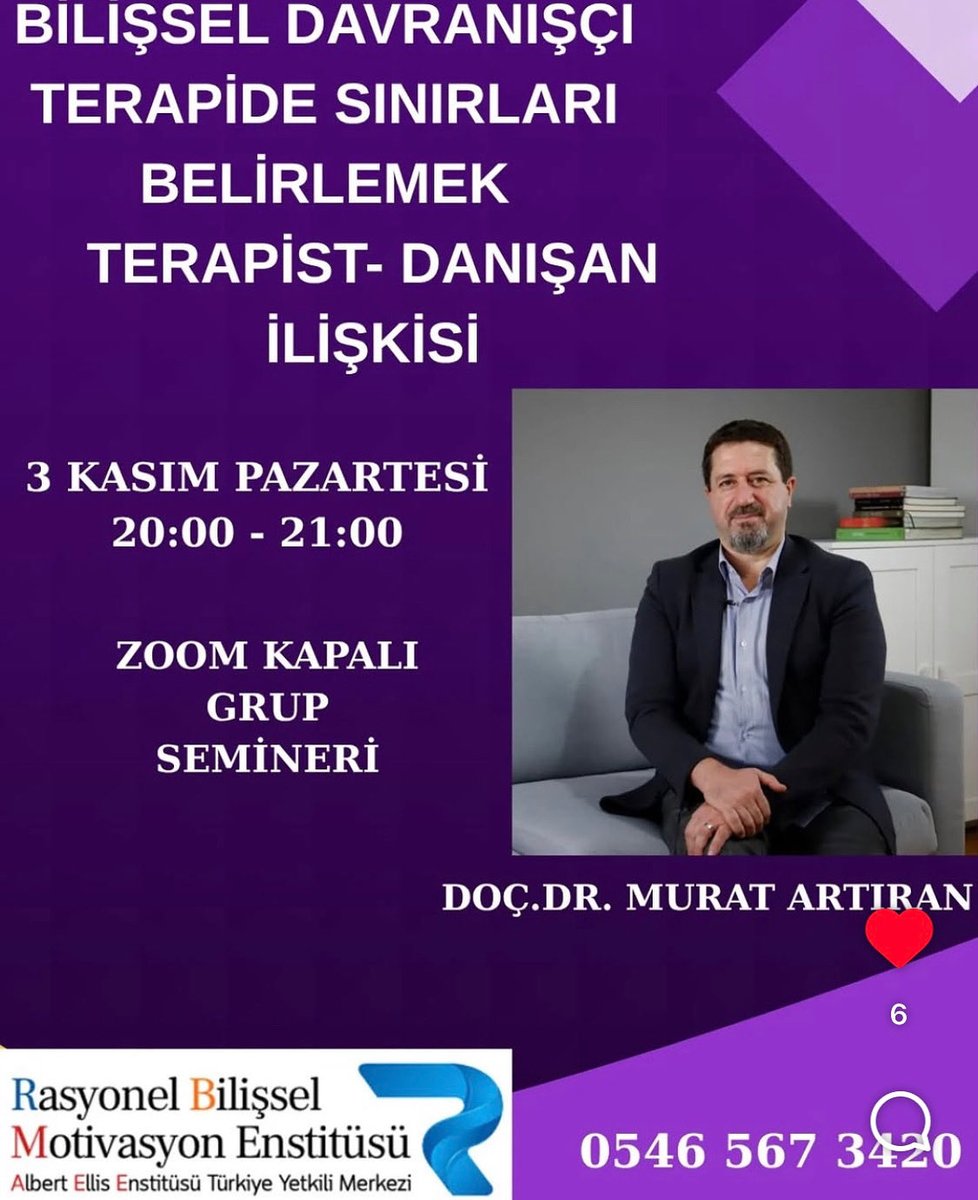 Ücretsiz Eğitim 

Doç. Dr. Murat Artıran ile  Bilişsel Davranışçı Terapide Sınırları Belirlemek
 - Terapist Danışan İlişkisi 

3 Kasım 2025 Pazartesi 
Saat 19:00-20:00

Zoom Kapalı Grup Semineri 

İlk başvuran 5 katılımcıya egitimlerimizde %20 İNDİRİM

#RDDT #BDT #psikoterapi