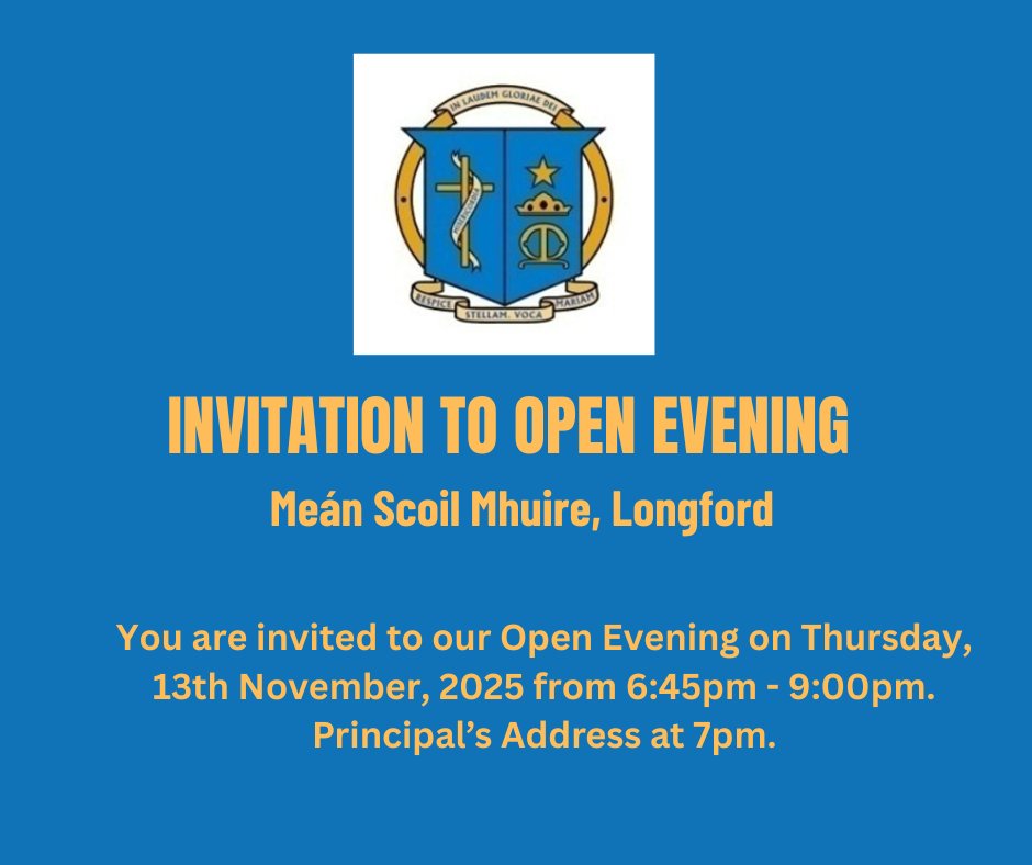 MeanscoilMhuire's tweet image. 2025 with applications for enrolment accepted up to 24th November, 2025. Early registration is advised. We look forward to welcoming you and your daughter on the night! #MilestoneMoments #transition #postprimary @followers @Longford_Leader @CeistTrust @ShannonsideFM
