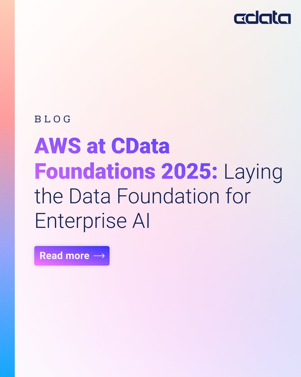 cdatasoftware's tweet image. Don’t let static pipelines quiet your AI ambitions.

🚨 #CDataFoundations 2025 spotlight: velocity, variety &amp;amp; access matter.

With @cdatasoftware + @awscloud, you can get live, governed data into AI — no heavy lifting required: bit.ly/3WD5Ha5

#AIstrategy #AWS #DataOps