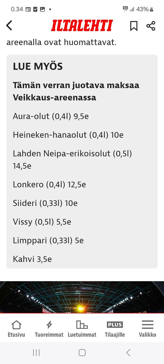 Oluen ja lonkeron ymmärrän, mutta 5€ ( 0,33 ) limukasta on liikaa😉