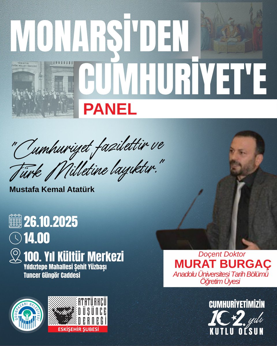 MehmettAvci's tweet photo. Monarşiden Cumhuriyete nasıl geçildi? Gerçekleri yanlışları, eğrisi ve doğrusuyla konuşacağız. Bu kıymetli söyleşiye tüm #eskişehir halkimizi davet #YenidenAtatürkCumhuriyeti 
#ATATÜRKTEBİRLEŞMEZAMANI 
@EskisehirAdd 
@addgenclik26 https://t.co/CuHUpnNFz3