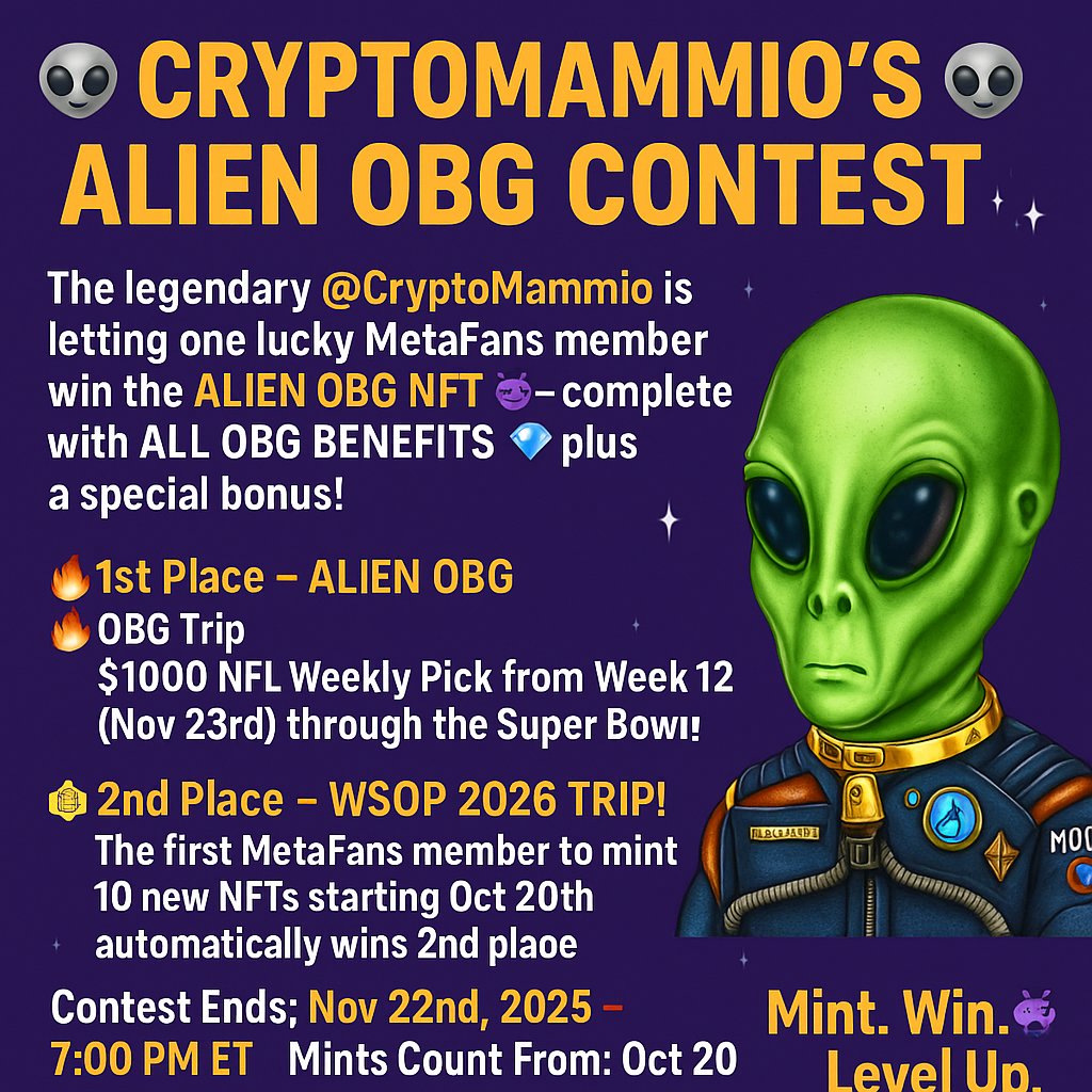 🎉 HUGE MINT PROMO! 🎉

🏆 1st Place Over $17,500 🤯

💎 Ever dreamed of playing #poker at the WSOP in Las Vegas?

🎰 How about a FREE trip + entry into a Bracelet Event!?

👽 Mint now for your shot at glory #ETH

👉 Join us in #Discord learn more 
#MetaFans #WSOP #VegasBound