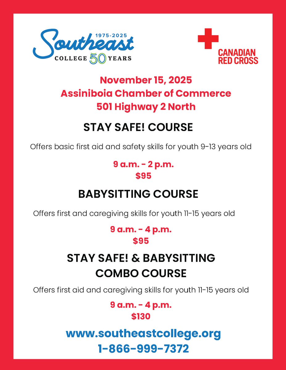 Hello Assiniboia and Area!

Now taking registrations for upcoming Red Cross Stay Safe, Babysitting and Stay Safe Babysitting Combo. Register online today - southeastcollege.org/programs-cours…