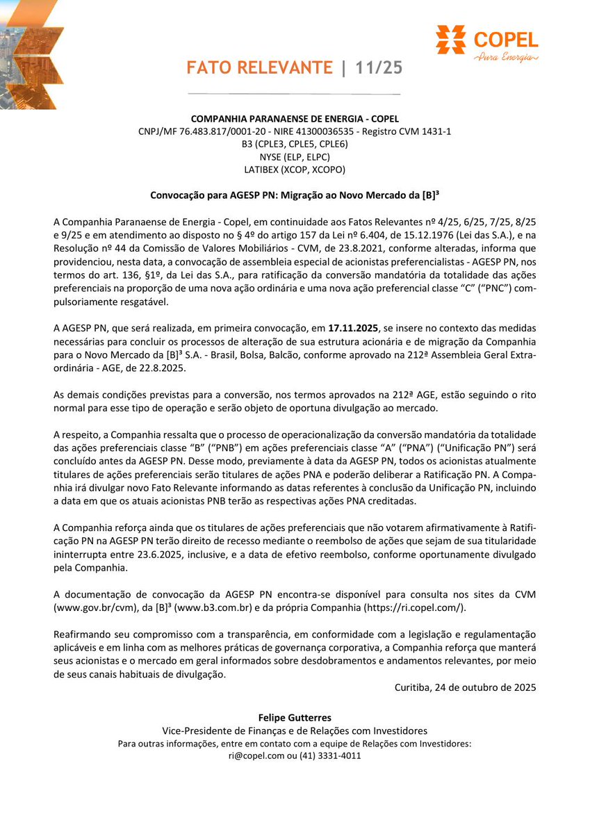 AvisosDaBolsa's tweet photo. CIA PARANAENSE DE ENERGIA - COPEL - Fato Relevante 11/25 - Convocação para AGESP PN: Migração ao Novo Mercado da [B]³ #CPLE3 #CPLE5 #CPLE6 #CPLE11 https://t.co/AOLmoqipoM