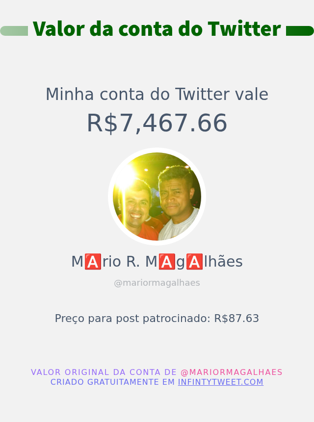 Meu valor no Twitter é: R$7,467.66

➡️ infintytweet.me/account-worth?…